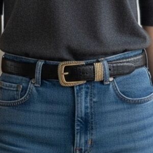 Brighton Classics Black Croc Embossed Belt Size 30 Medium Silver Gold Buckle